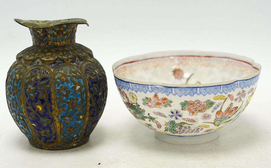 An early 20th century Chinese eggshell porcelain bowl and an enamelled bronze vase, tallest 9cm. Condition - poor